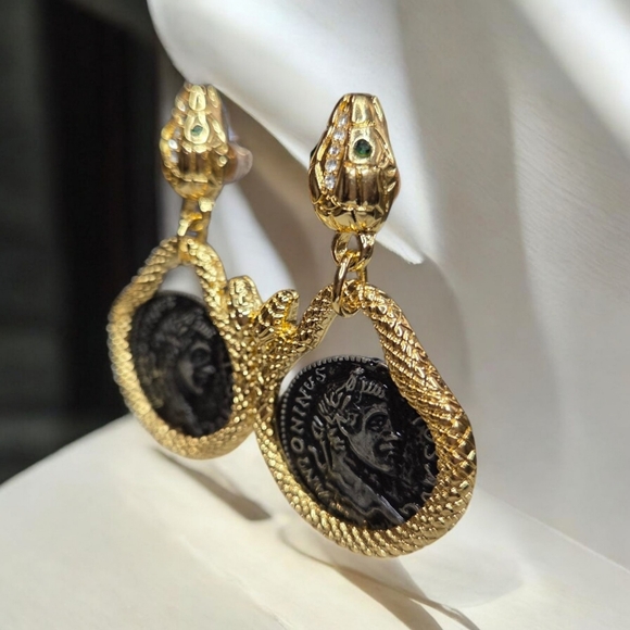 Coiled Snake Crystal Ancient Coin Earrings - Picture 2 of 4